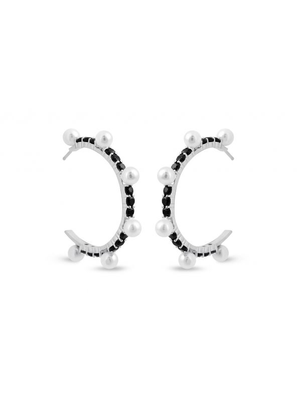 Silgo 925 Sterling Silver Black Cubic Zirconia & White Pearl Hoop Earrings For Women And Girls