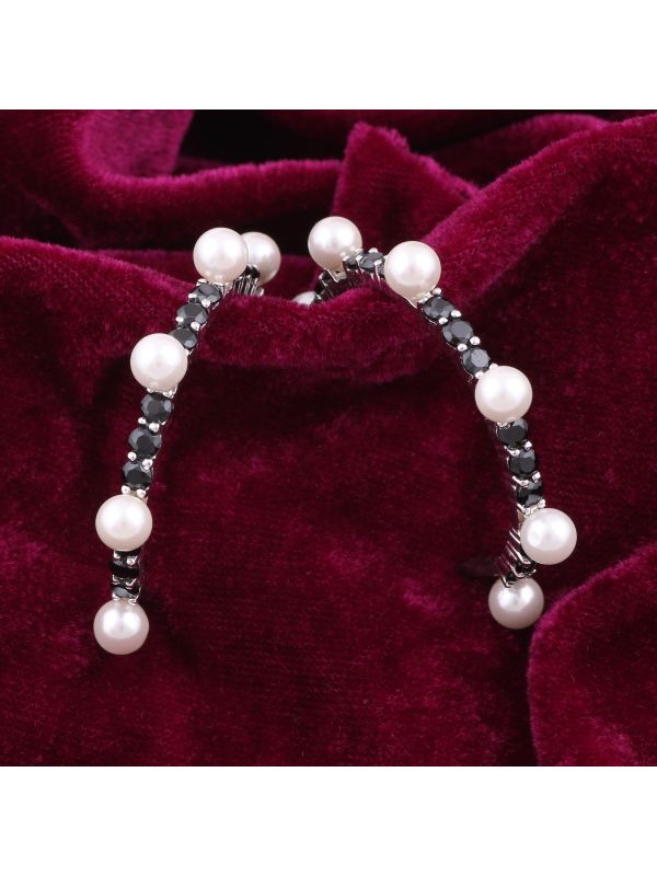 Silgo 925 Sterling Silver Black Cubic Zirconia & White Pearl Hoop Earrings For Women And Girls