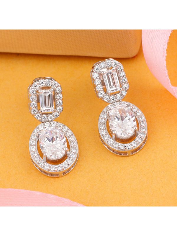Silgo 925 Sterling Silver Rhodium Plated White Cubic Zirconia Dangle Earrings for Womens