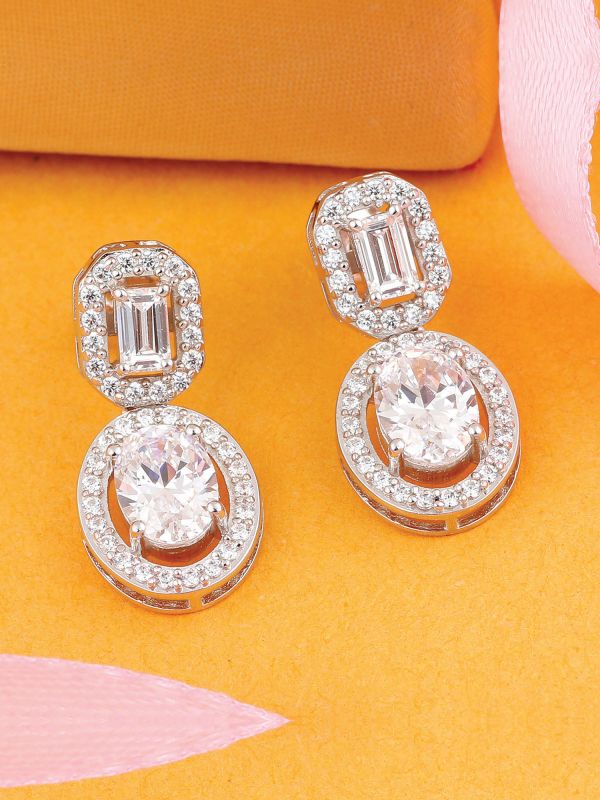 Silgo 925 Sterling Silver Rhodium Plated White Cubic Zirconia Dangle Earrings for Womens