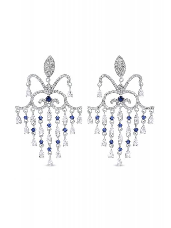 Silgo 925 Sterling Silver White & Blue Cubic Zirconia Chandelier Dangle Earrings For Women And Girls