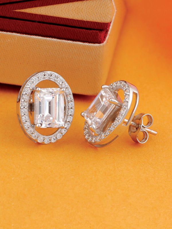 Silgo 925 Sterling Silver Rhodium Plated Cubic Zirconia Women Stud Earrings