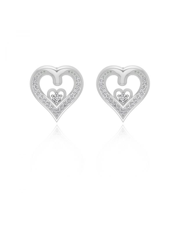 Silgo 925 Sterling Silver Heart Shape Cubic Zirconia Rhodium Plated Stud Earrings