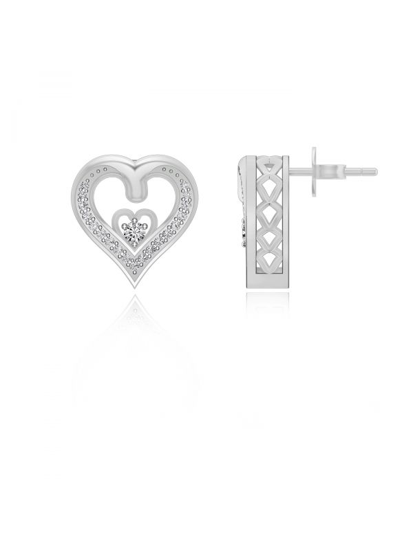 Silgo 925 Sterling Silver Heart Shape Cubic Zirconia Rhodium Plated Stud Earrings
