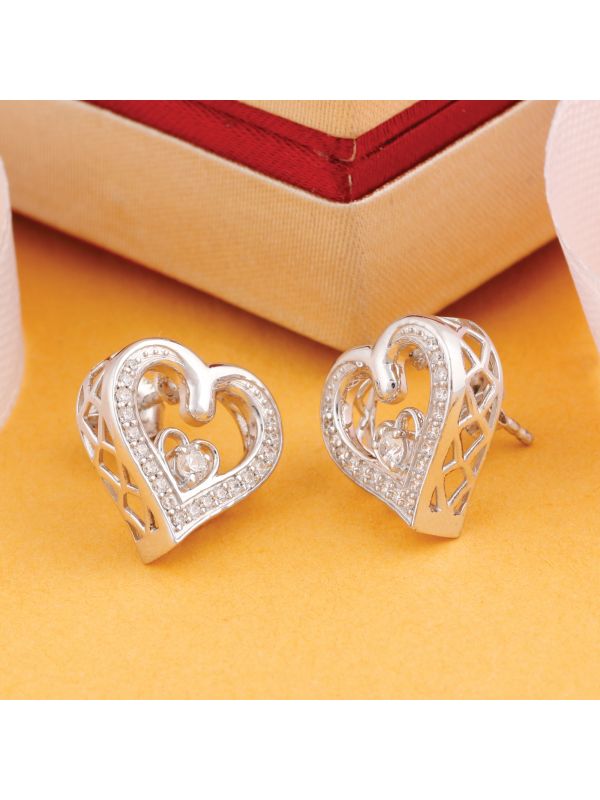 Silgo 925 Sterling Silver Heart Shape Cubic Zirconia Rhodium Plated Stud Earrings