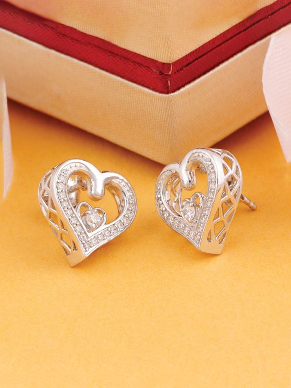 Silgo 925 Sterling Silver Heart Shape Cubic Zirconia Rhodium Plated Stud Earrings