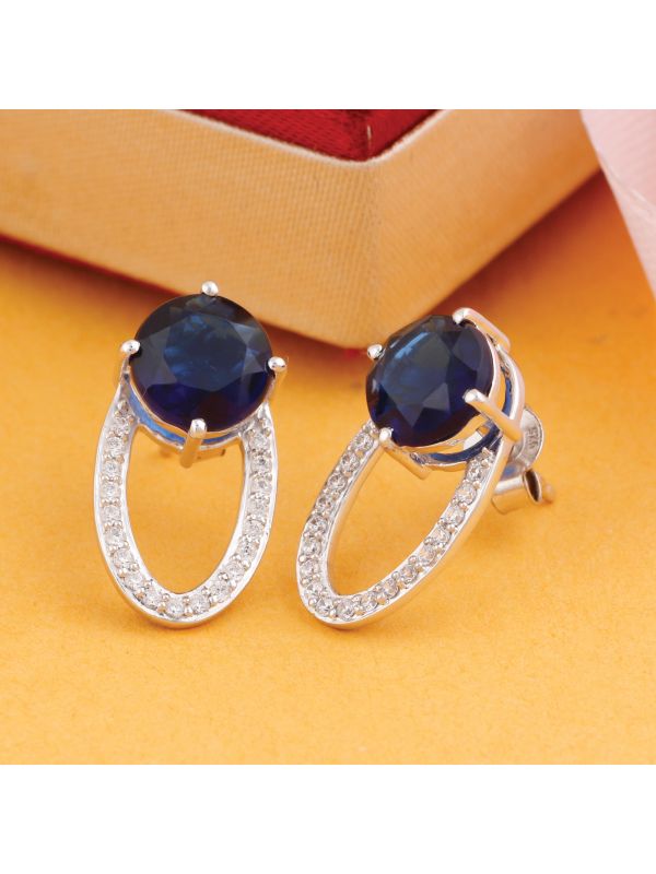 Silgo 925 Sterling Silver Blue Cubic Zirconia Rhodium Plated Women Stud Earrings