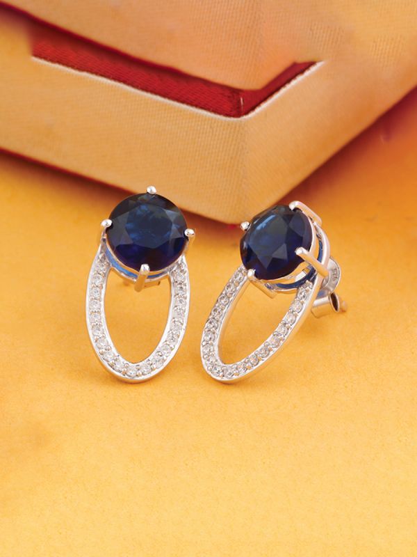 Silgo 925 Sterling Silver Blue Cubic Zirconia Rhodium Plated Women Stud Earrings