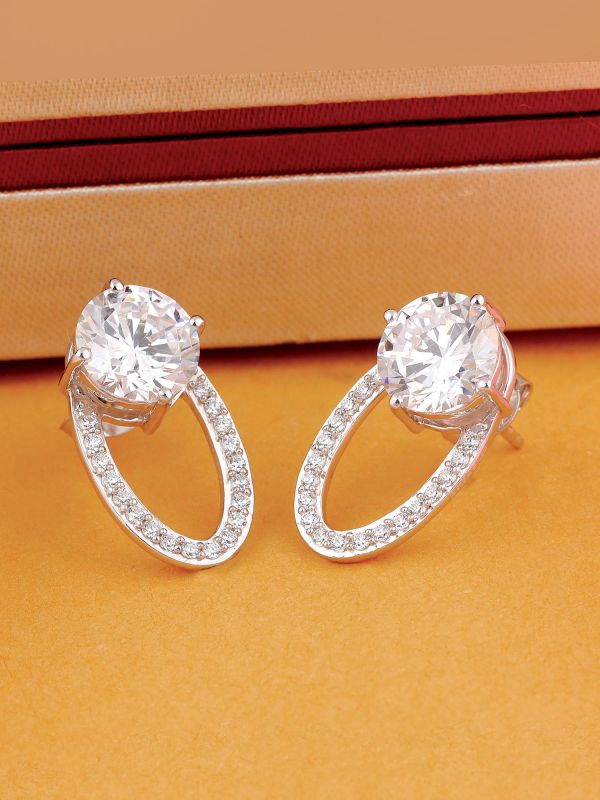 Silgo 925 Sterling Silver White Cubic Zirconia Rhodium Plated Women Stud Earrings