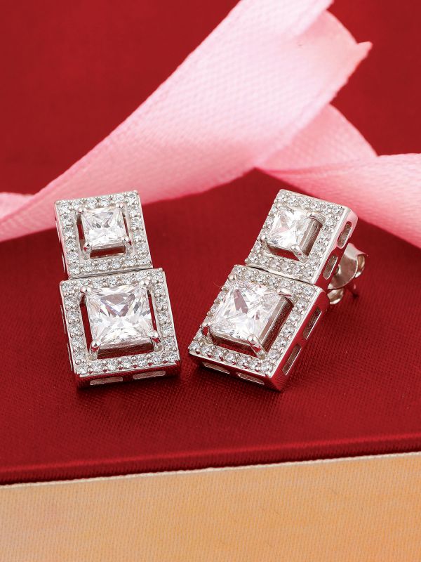 Silgo 925 Sterling Silver CZ Rhodium Plated Stud Earring For Women Jewellry
