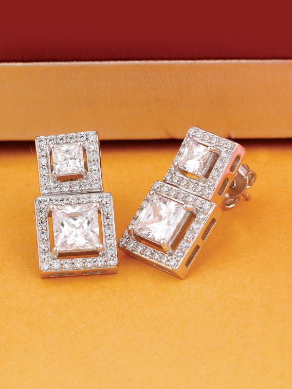 Silgo 925 Sterling Silver CZ Rhodium Plated Stud Earring For Women Jewellry