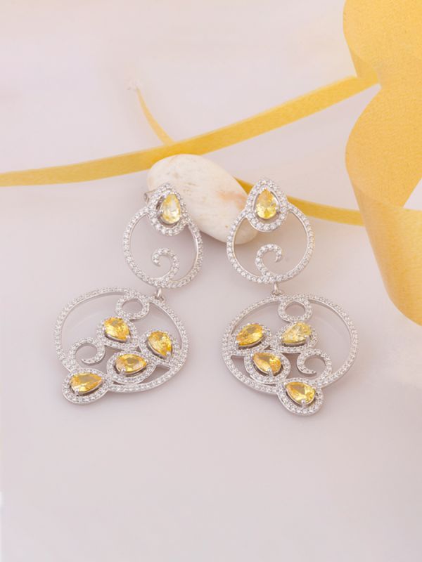 Silgo 925 Sterling Silver Yellow & White Cubic Zirconia Rhodium Plated Women Dangle Earring