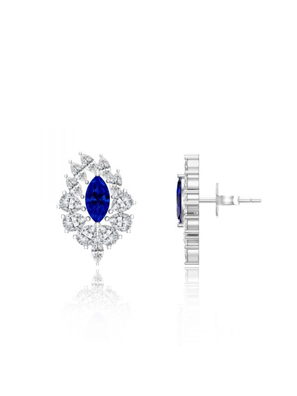 Silgo 925 Sterling Silver Rhodium Plated Blue Cubic Zirconia Stud Earrings