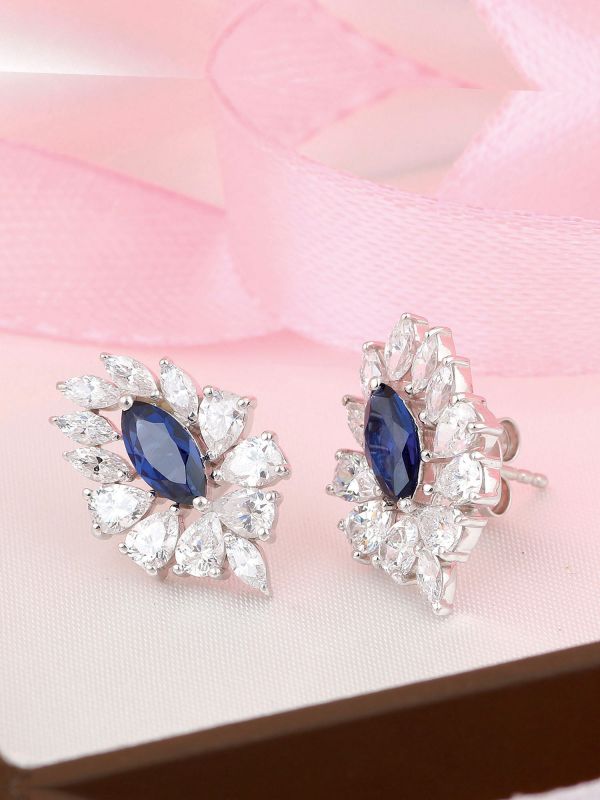 Silgo 925 Sterling Silver Rhodium Plated Blue Cubic Zirconia Stud Earrings