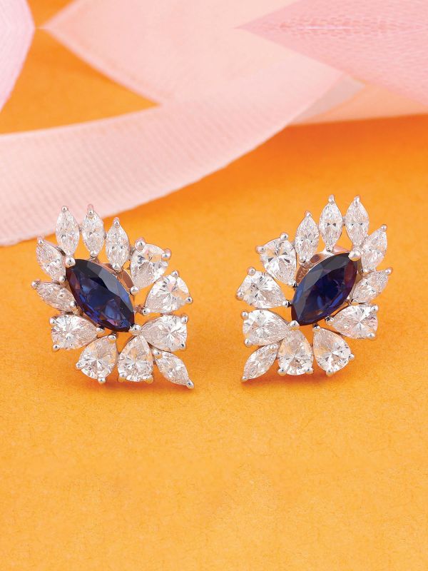 Silgo 925 Sterling Silver Rhodium Plated Blue Cubic Zirconia Stud Earrings