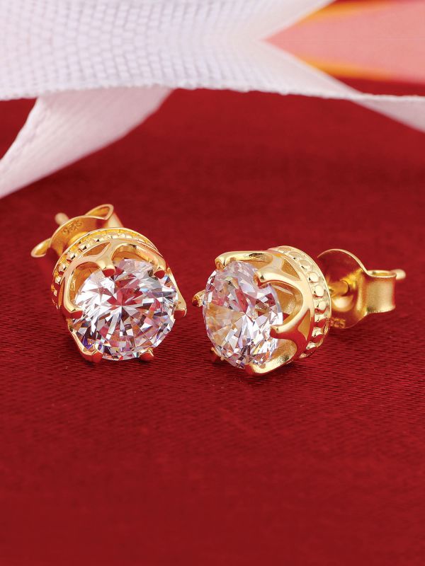 Silgo 925 Sterling Silver Round Cubic Zirconia Yellow Gold Plated Stud For Women