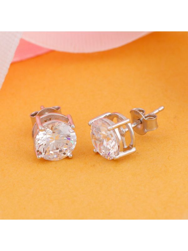 Silgo 925 Sterling Silver Rhodium Plated Cubic Zirconia Round Stud Earrings  For Women