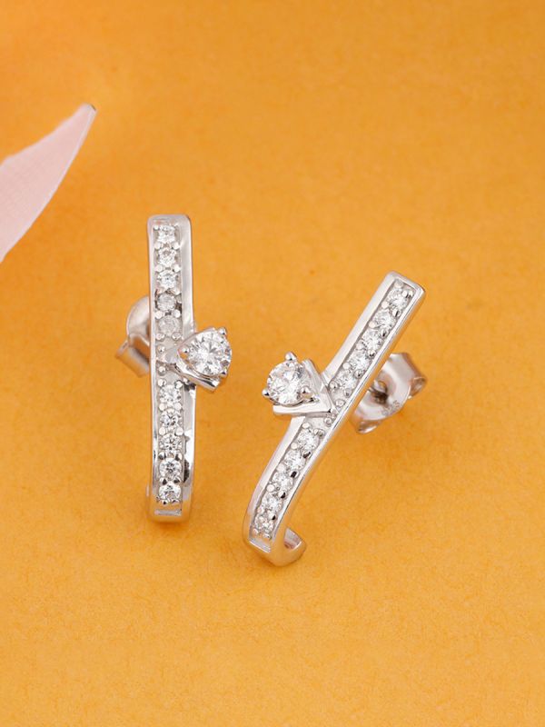 Silgo 925 Sterling Silver White Cubic Zirconia Rhodium Plated Women Stud Earrings