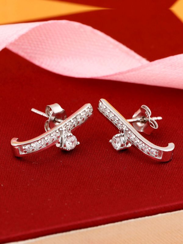 Silgo 925 Sterling Silver White Cubic Zirconia Rhodium Plated Women Stud Earrings