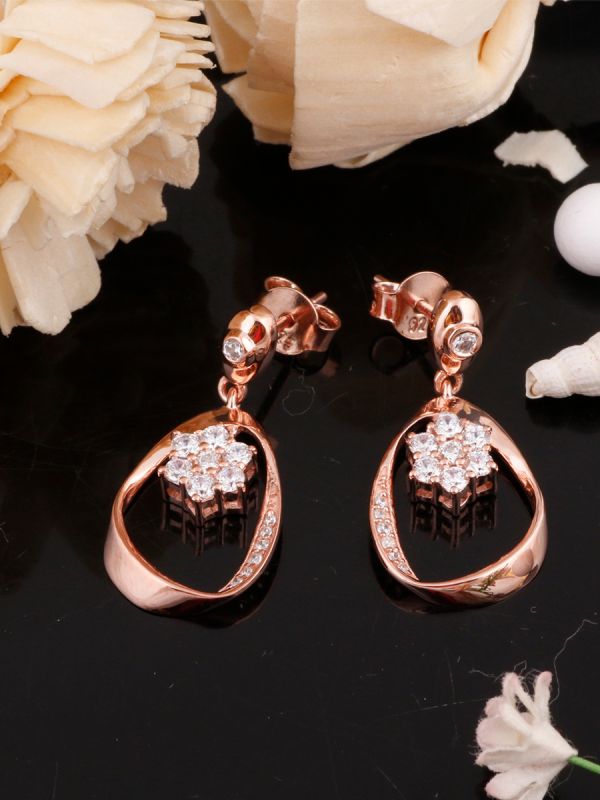 Silgo 925 Sterling Silver Cubic Zirconia Rose Gold Plated Women Dangle Earrings