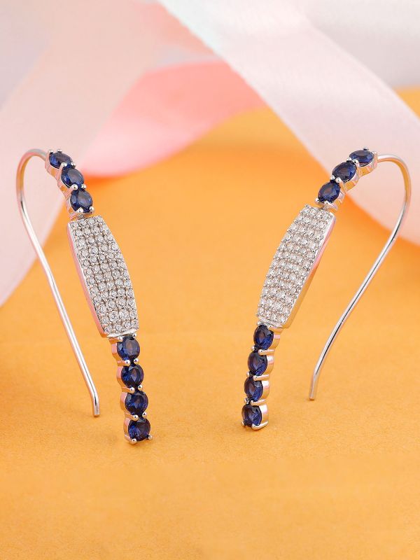 Silgo 925 Sterling Silver Rhodium Plated Blue Cubic Zirconia Hook Wire Earrings