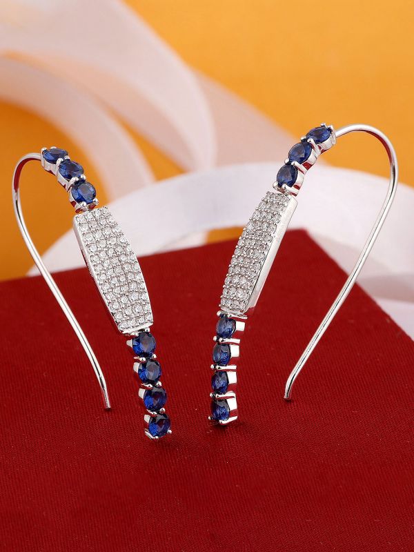 Silgo 925 Sterling Silver Rhodium Plated Blue Cubic Zirconia Hook Wire Earrings
