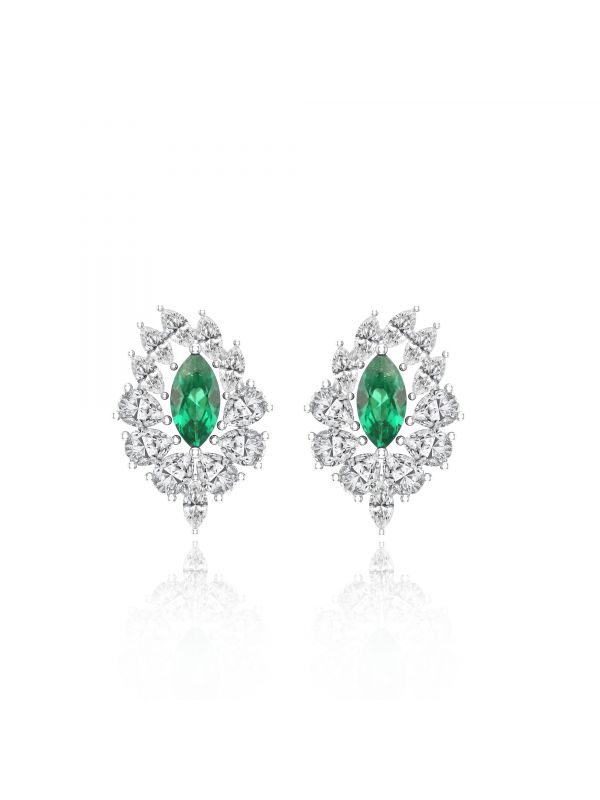 Silgo 925 Sterling Silver Rhodium Plated Women Green Cubic Zirconia Stud Earrings