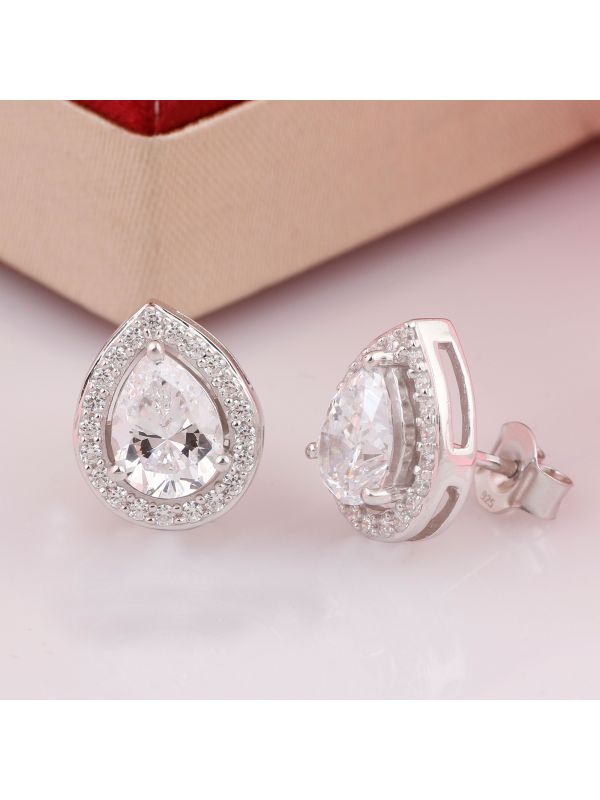 Silgo 925 Sterling Silver White Rhodium Plated Cubic Zirconia Women Stud Earring Gift