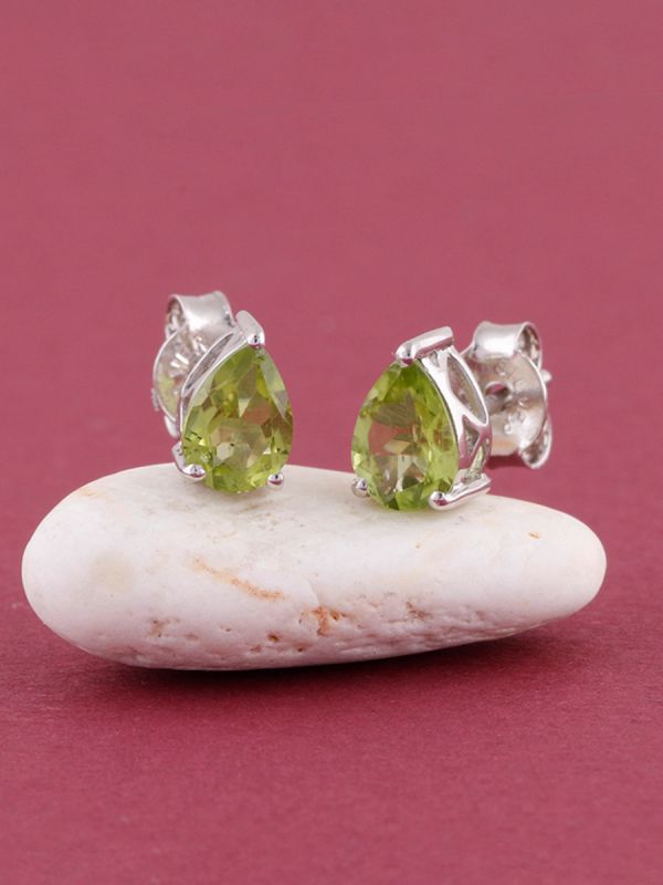 925 Sterling Silver Rhodium Plated Pear Shape Peridot Stud Earrings With Pushback