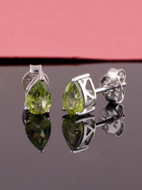 925 Sterling Silver Rhodium Plated Pear Shape Peridot Stud Earrings With Pushback