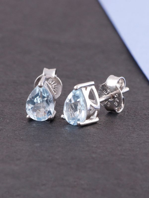 925 Sterling Silver Rhodium Plated Pear Shape Blue Topaz Stud Earrings With Pushback
