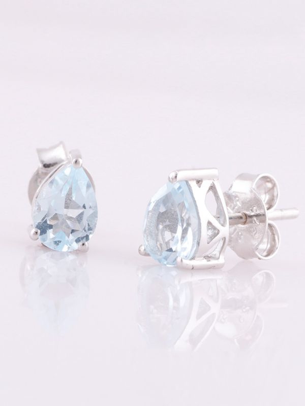 925 Sterling Silver Rhodium Plated Pear Shape Blue Topaz Stud Earrings With Pushback