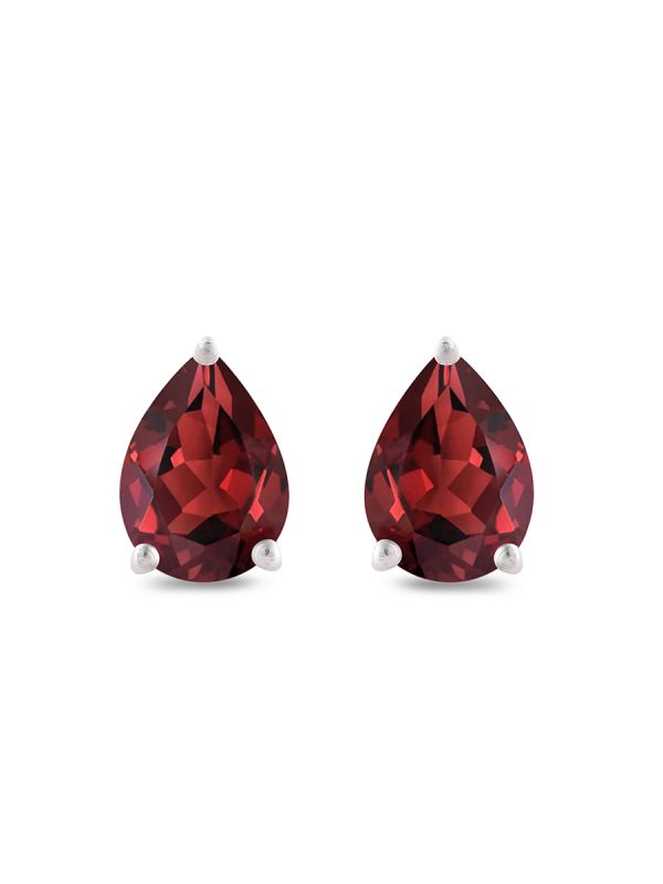 925 Sterling Silver Rhodium Plated Pear Shape Garnet Stud Earrings With Pushback