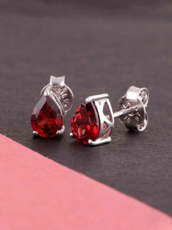 925 Sterling Silver Rhodium Plated Pear Shape Garnet Stud Earrings With Pushback