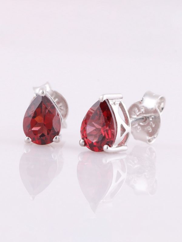 925 Sterling Silver Rhodium Plated Pear Shape Garnet Stud Earrings With Pushback