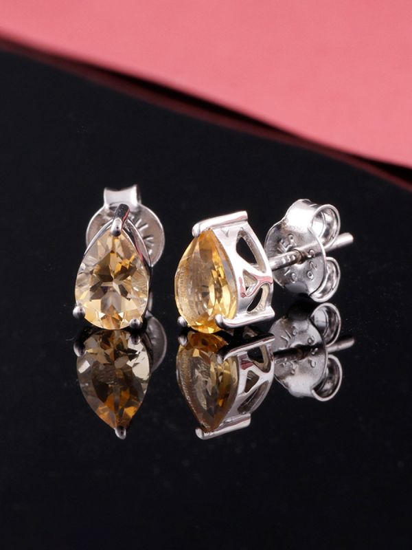 925 Sterling Silver Rhodium Plated Pear Shape Citrine Stud Earrings With Pushback