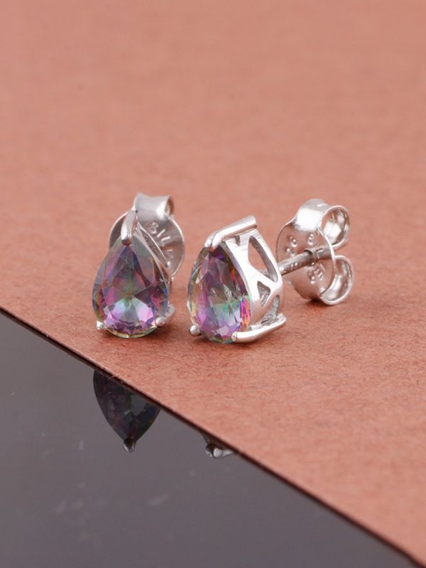 925 Sterling Silver Rhodium Plated Pear Shape Mystic Topaz  Stud Earrings With Pushback
