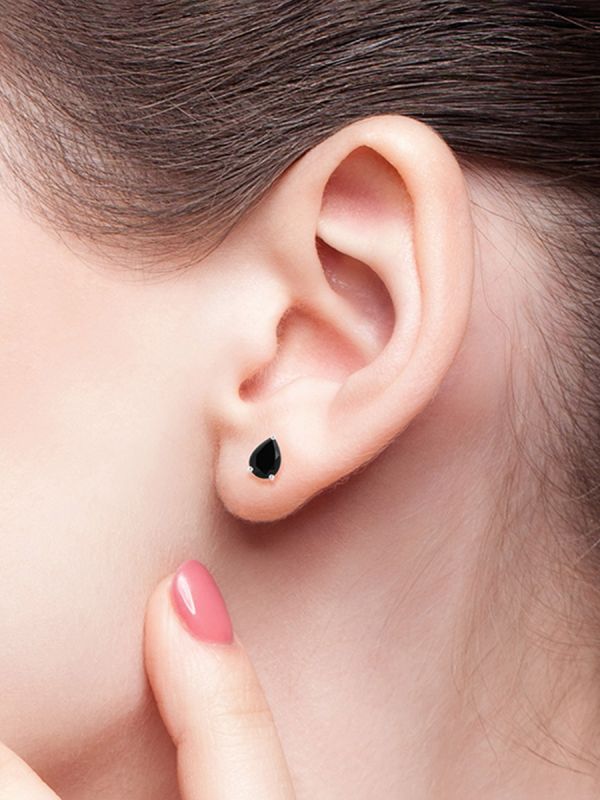 925 Sterling Silver Rhodium Plated Pear Shape Black Onyx Stud Earrings With Pushback