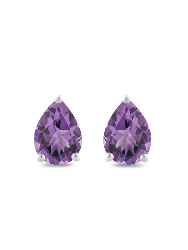925 Sterling Silver Rhodium Plated Pear Shape  Amethyst  Stud Earrings With Pushback