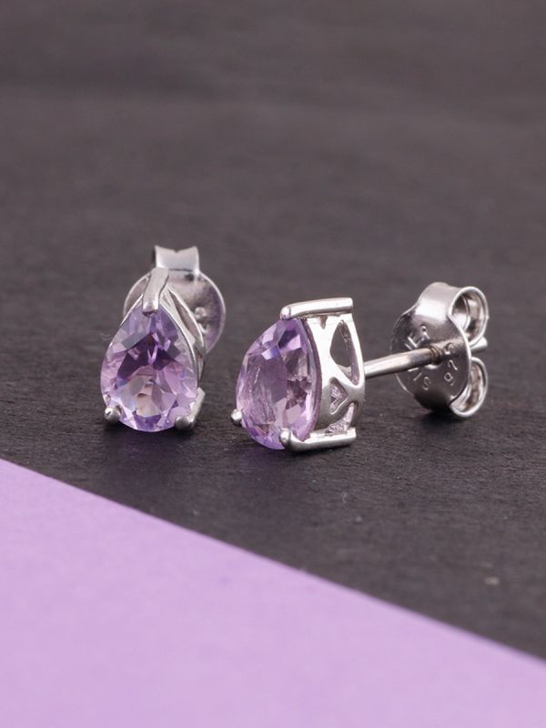 925 Sterling Silver Rhodium Plated Pear Shape  Amethyst  Stud Earrings With Pushback