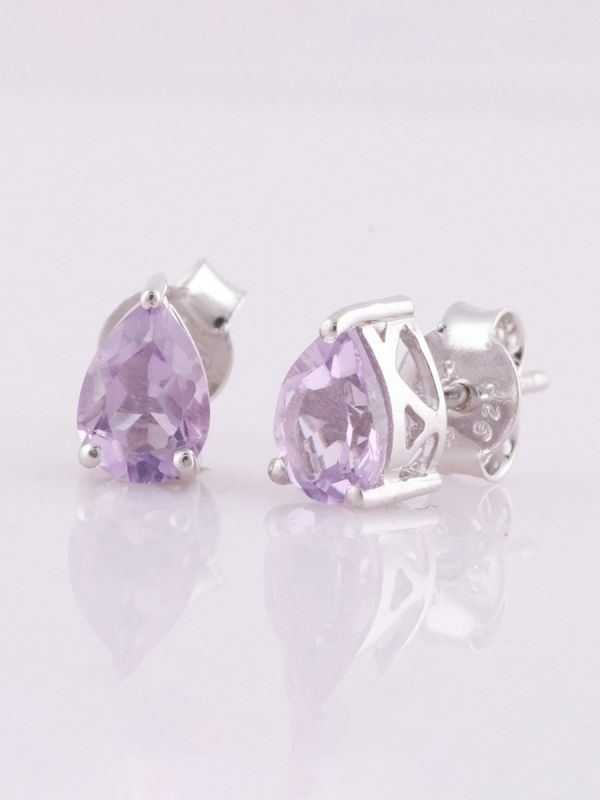 925 Sterling Silver Rhodium Plated Pear Shape  Amethyst  Stud Earrings With Pushback