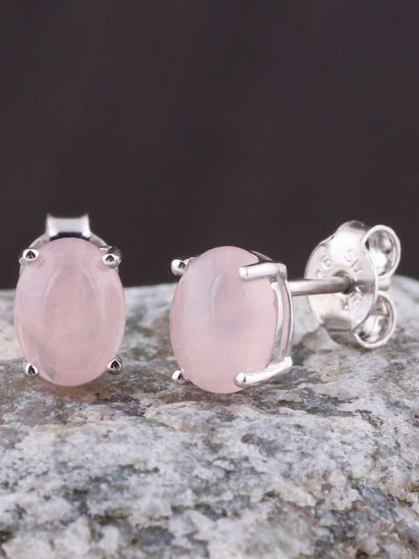 925 sterling silver white rhodium plated stud earrings 8x 6 mm oval rose quartz 