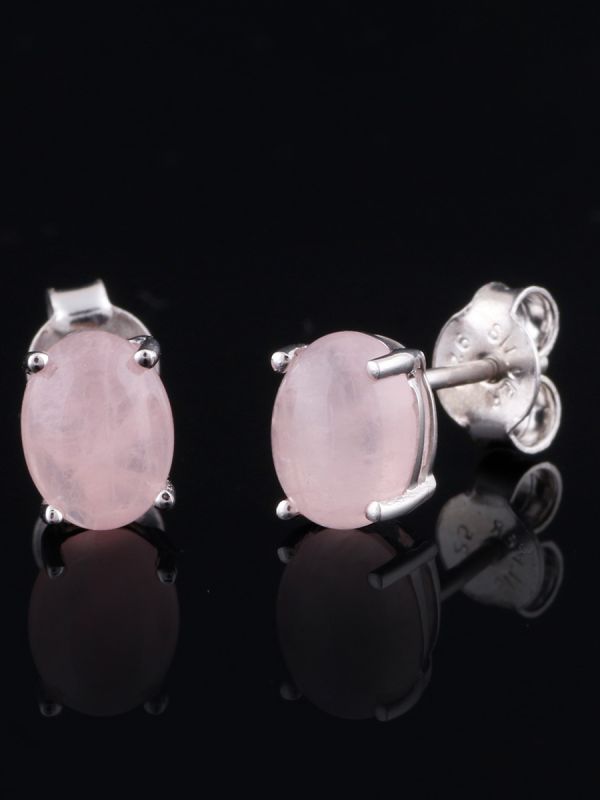 925 sterling silver white rhodium plated stud earrings 8x 6 mm oval rose quartz 