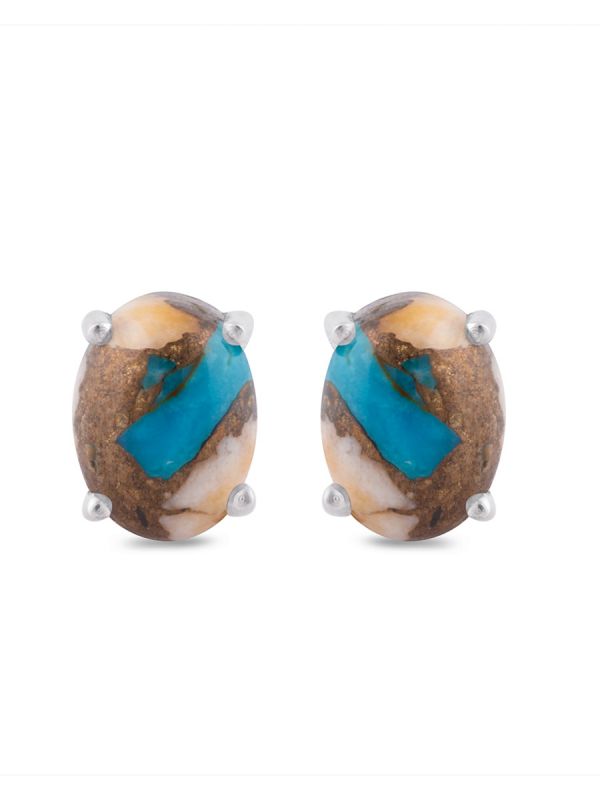 925 sterling silver white rhodium plated designer stud earrings (gross wt 1.40 gms) American turquoise oval 5x7 mm