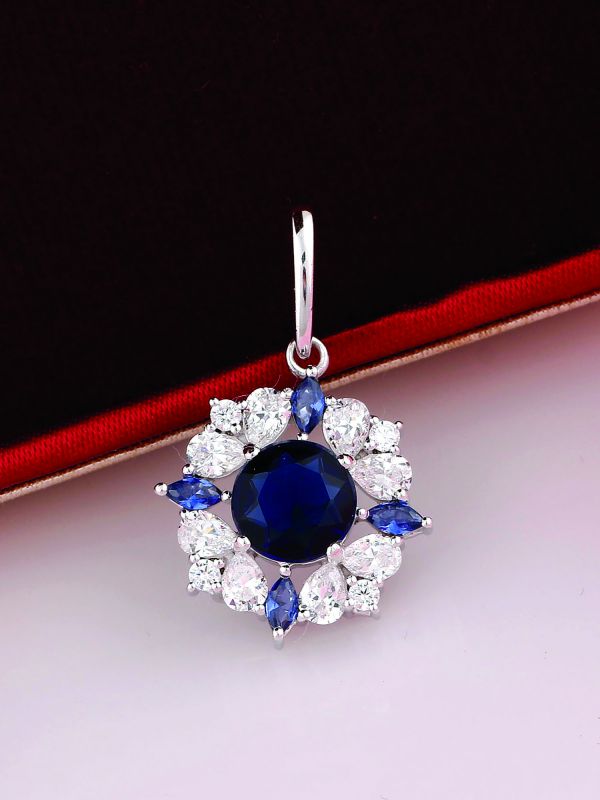Silgo 925 Sterling Silver Rhodium Plated Blue Cubic Zirconia Women Pendant Jewelry