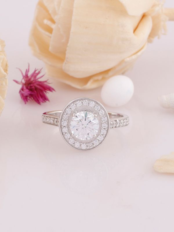 Silgo 925 Sterling Silver Halo Cubic Zirconia Rhodium Plated Women Ring