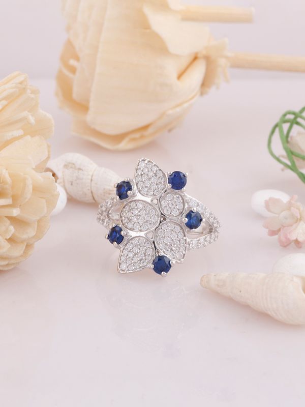 Silgo 925 Sterling Silver Blue Cubic Zirconia Cocktail Rhodium Plated Women Ring