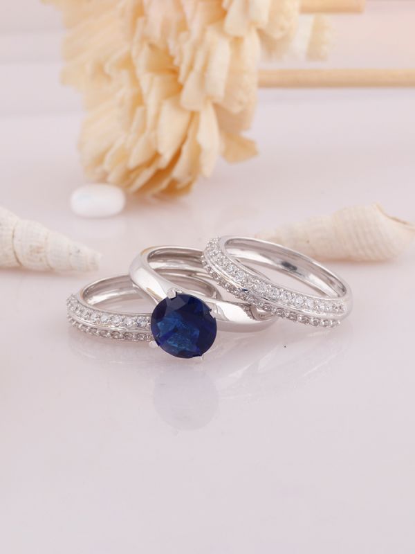 Silgo 925 Sterling Silver Blue Cubic Zirconia Rhodium Plated Women Bypass Ring