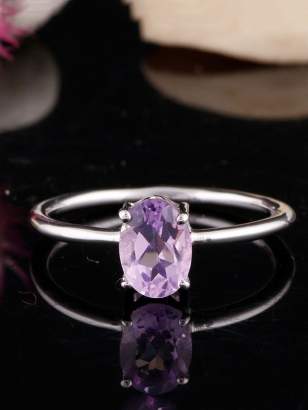 925 Sterling Silver Handmade Solitaire Ring, Oval Shape Natural Gemstone Amethyst , Valentine Jewelry 