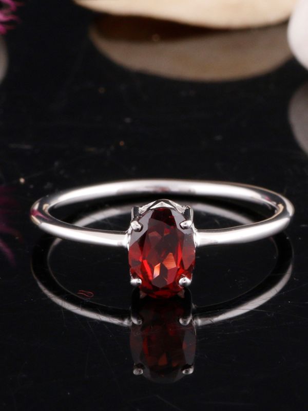 925 Sterling Silver Handmade Solitaire Ring, Oval Shape Natural Gemstone Red Color Garnet Silver Ring